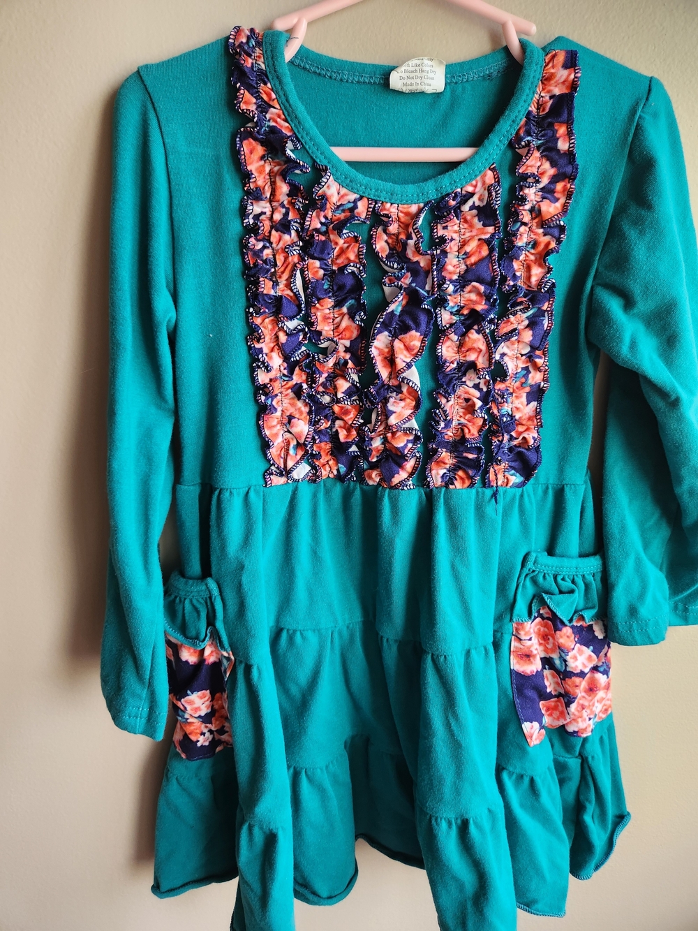 Girls Teal Floral Ruffle Tiered Dress